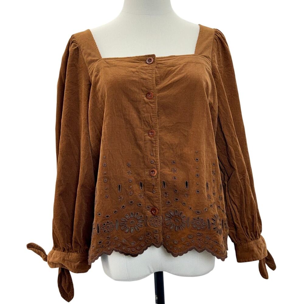 Madewell Women's Medium Brown Corduroy Embroidered Button Front Blouse Boho